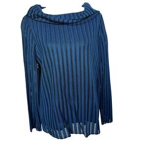 KATHERINE KELLY NWT Women's Large Blue Knit Stripe Sheer Cowl Neck‎ Sweater Top